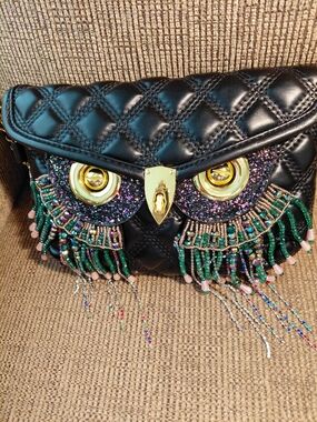 Black Quilted Beaded Owl-Accent Crossbody Bag